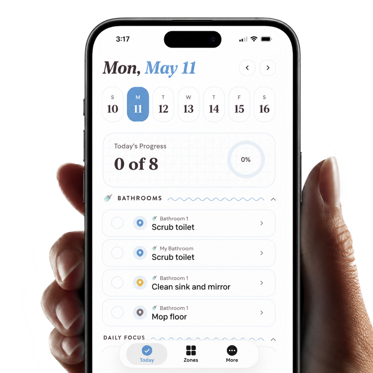 Neatly Done app showing today's shared home chores